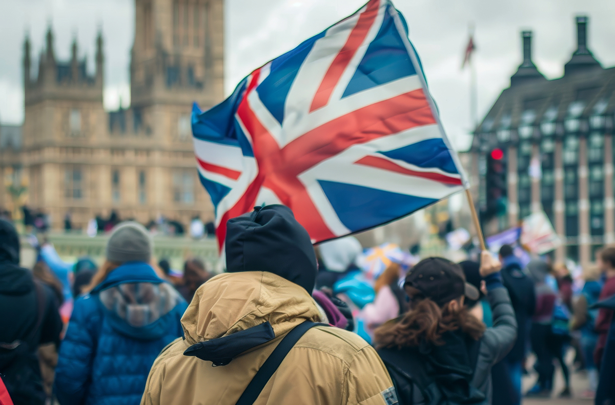 Uk Politics Crowd with Flag at Westminster London